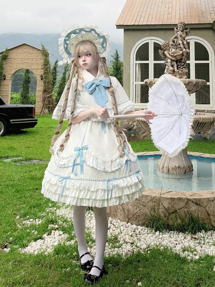Short Sleeve Sweet Lolita OP with Bow Accent & Ruffle Details in Blue & White - MUYU