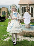 Short Sleeve Sweet Lolita OP with Bow Accent & Ruffle Details in Blue & White - MUYU