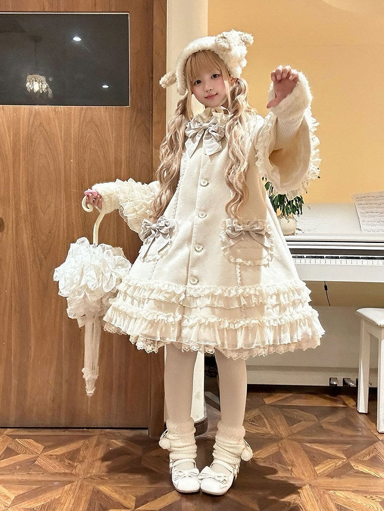Ruffled Accents Lace Bow Details Sweet and Winter Lolita Coat Beige with