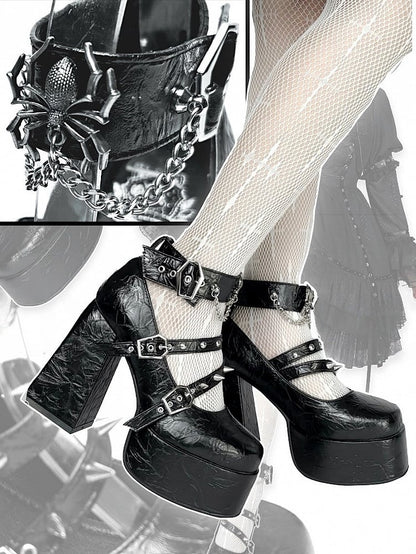 High with Black Metal Studs Goth Block Shoes Heel