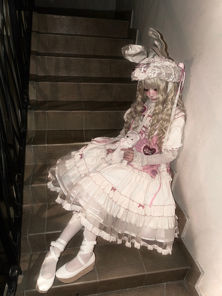 Cream Layered Ruffle High Waist Sweet Lolita Dress with Tulle Hem - Bodhi Original Design