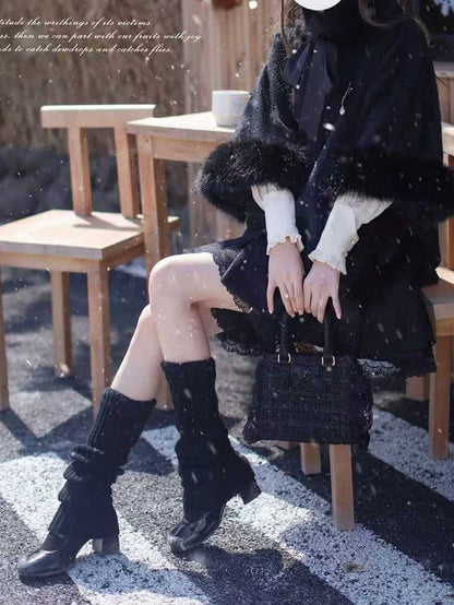 Black Cape Cuffs Jirai Plush Cozy Winter Coat - Kei with Fall Essential A Collar