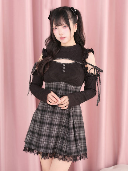 Black Cut-Out Shoulder Knit Plaid Dress with Lace Trim - No Genki