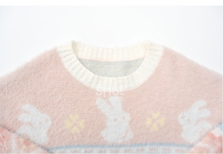 ピンクのかわいいウサギ柄ラウンドネックソフトセーター