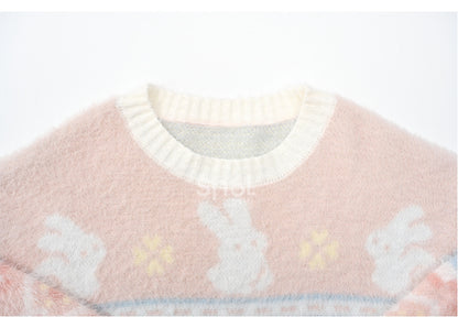 ピンクのかわいいウサギ柄ラウンドネックソフトセーター