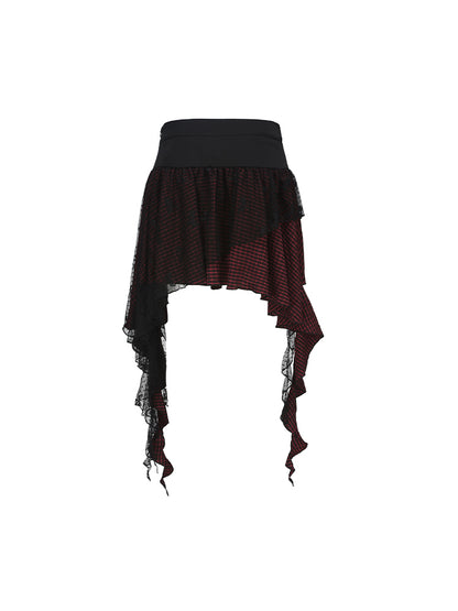 Mesh Cascading Red with Black Festival Overlay Skirt Music Outfits Plaid Ruffles