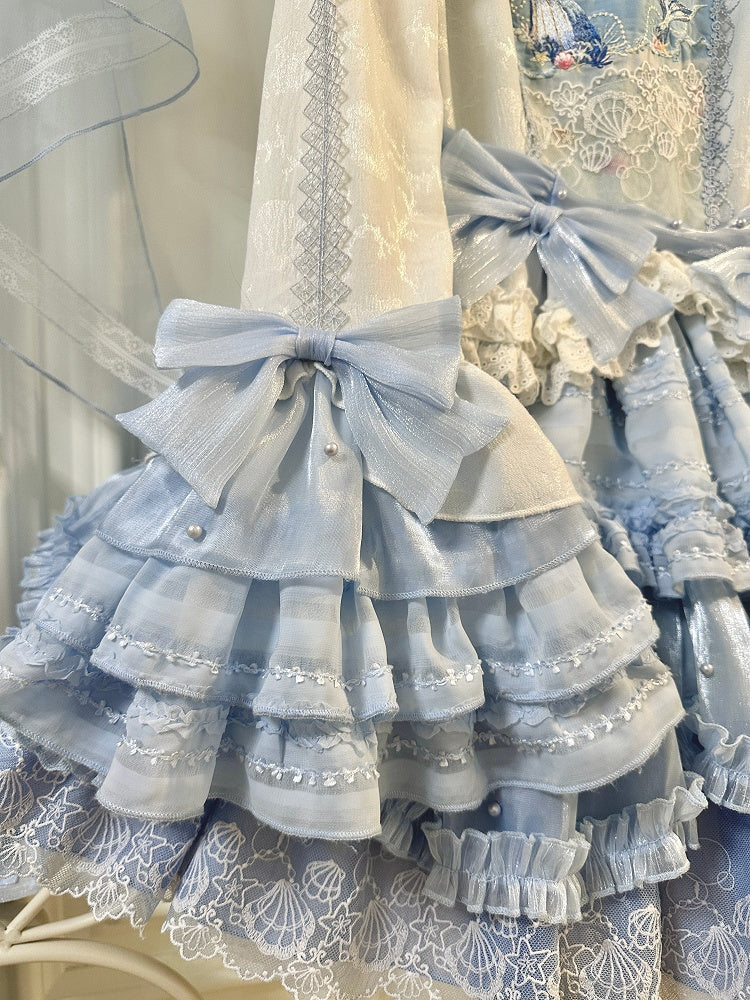 Sweet Bodice Sleeves Detachable Lolita Blue Dress Beach Whale Print Embroidery Bell with and