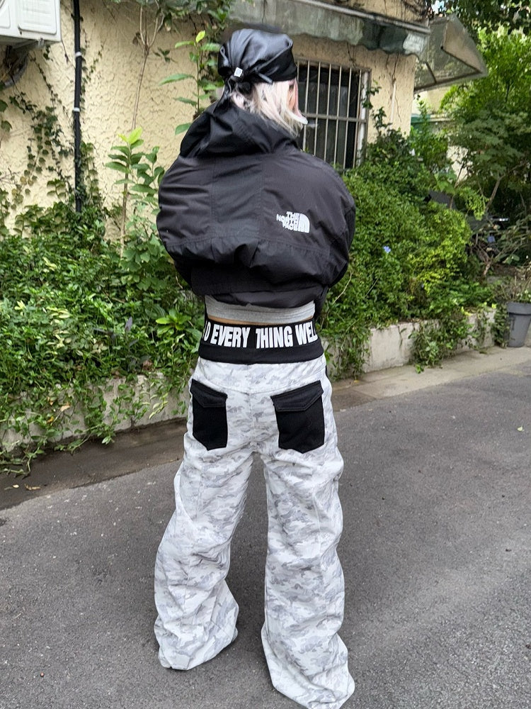 Unisex White Camouflage Wide-Leg Pants with Double Waistband and 3D Pockets - DETW OnLine