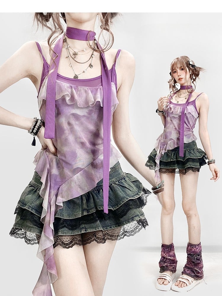 Lila Saum Asymmetrische Rüschen Top Design Dye + Tie Cami Schal Y2K Trim