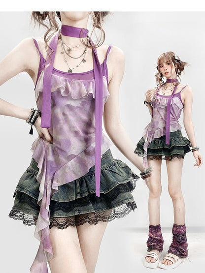 Lila Saum Asymmetrische Rüschen Top Design Dye + Tie Cami Schal Y2K Trim