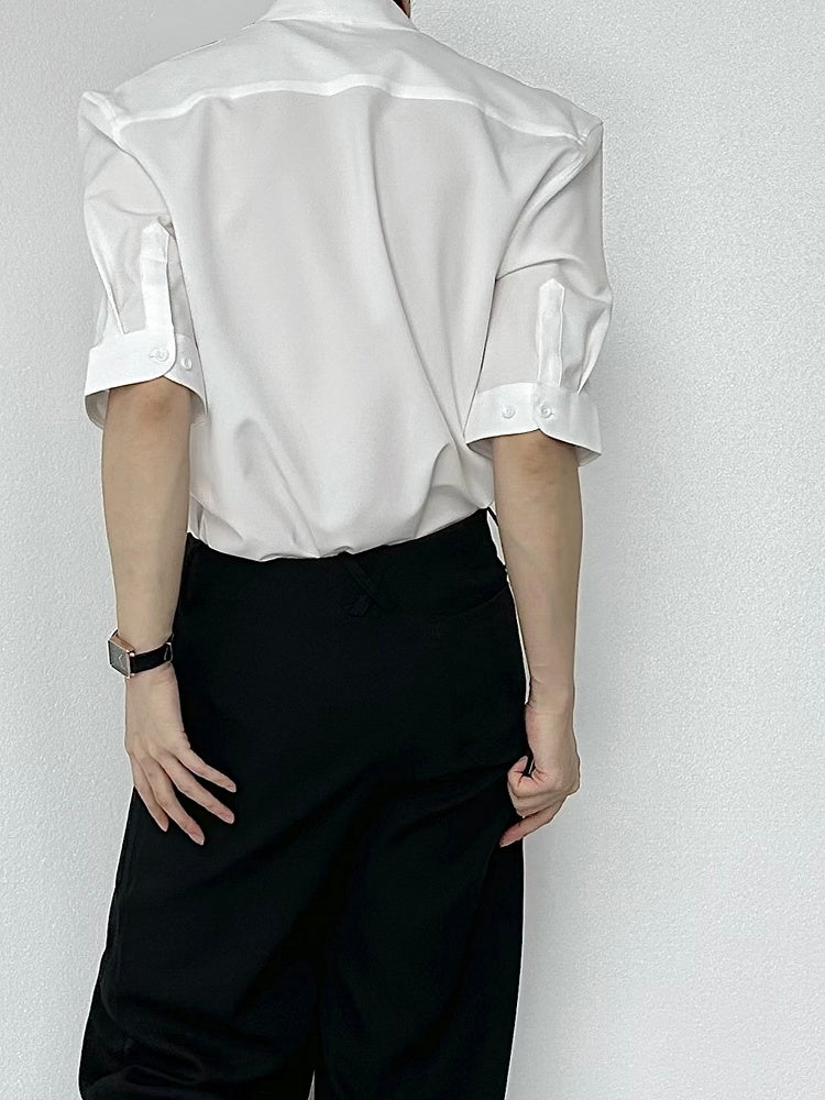 Ouji Lolita White Unisex Short Sleeve Shirt with Mandarin Collar & Button-Down Front