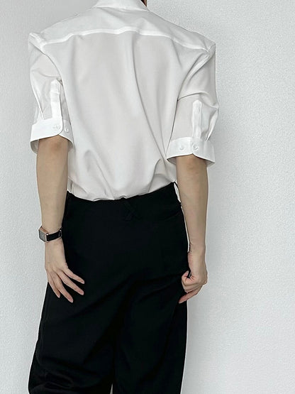 Ouji Lolita White Unisex Short Sleeve Shirt with Mandarin Collar & Button-Down Front