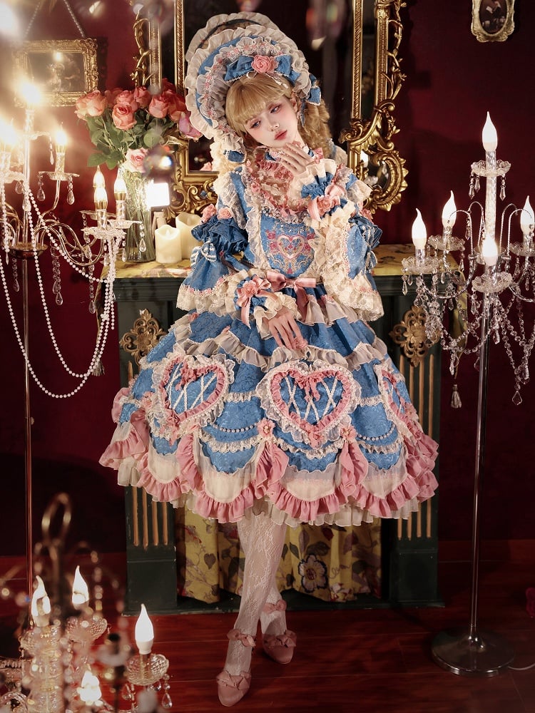 Blue Hanayome Rosette Embroidery Floral Bead Chain Lolita OP - Bramble Rose