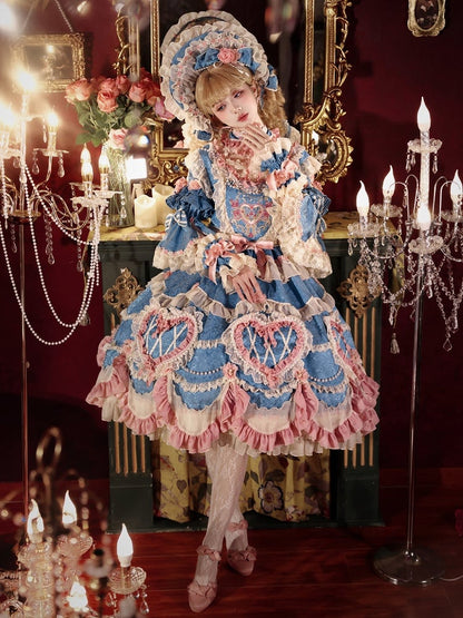 Blue Hanayome Rosette Embroidery Floral Bead Chain Lolita OP - Bramble Rose