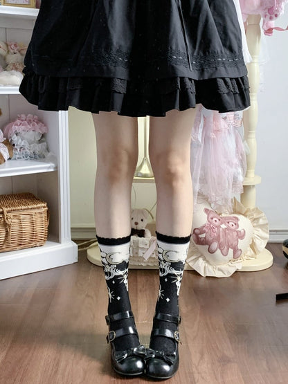 Calf Moon Socks Pattern Star Black/Pink/Blue And