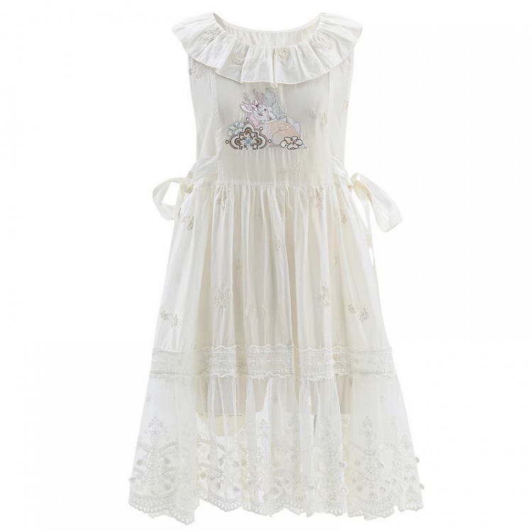 サイドにセルフタイのフォーン刺繍シフォンオーバードレスネックライン、ホワイトのセミシースルーフリルストラップ付き