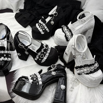 Platform Heels: 12cm White Heart Lace with Kei Jirai Rhinestone