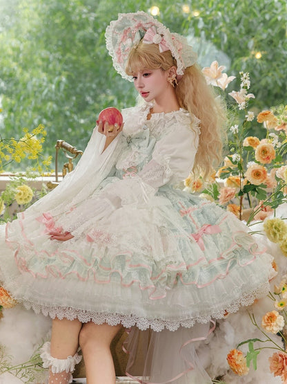 Mintgrüner Lagenrock Hanayome-Kleid Süßer Hime-Lolita-Pulloverrock mit abnehmbaren Schleifen