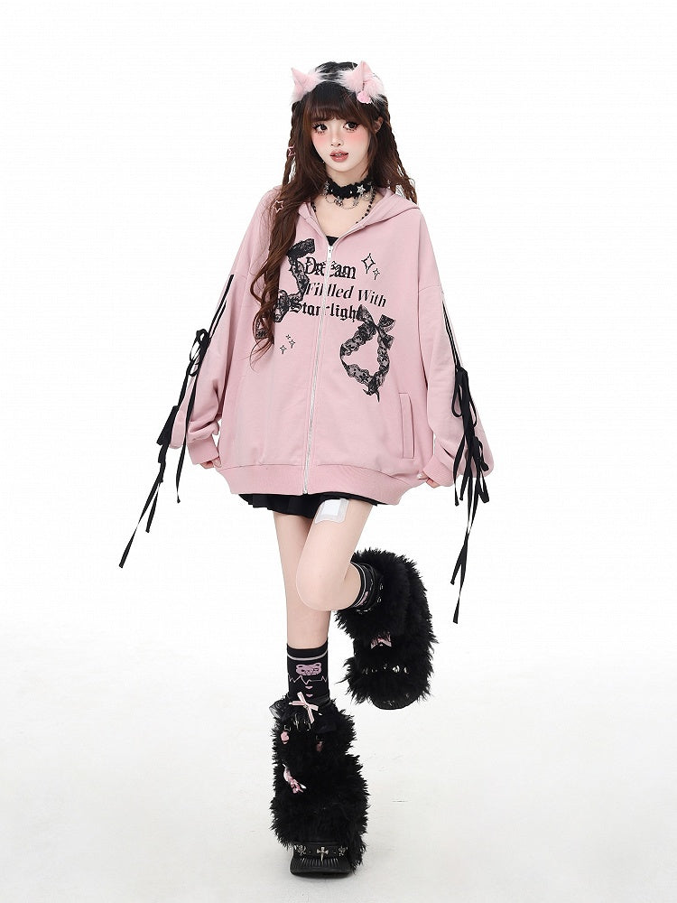 Pink Lace Embellished Zip Closure Graphic Hoodie 