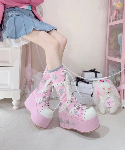with Star Calf-Length Lace-up Style Appliques Pink Chunky Shining Gyaru Front Platform Boots