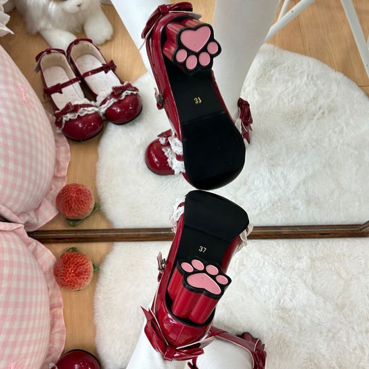 Lolita Sweet Peach 2.0 Cat Heel Bow Single Shoes | JiaXinAiMiTao