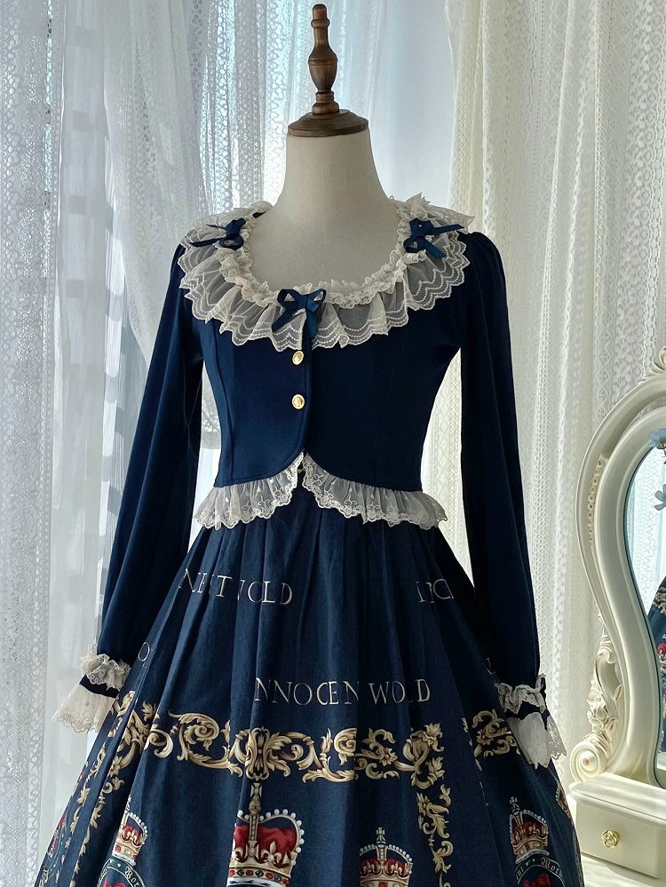 Kurzer, modischer dunkler Cardigan mit Schleife und blauer Spitze