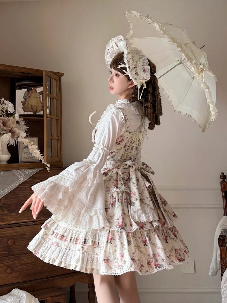White Floral Cotton JSK Dress with Bow and Snowfall Theme