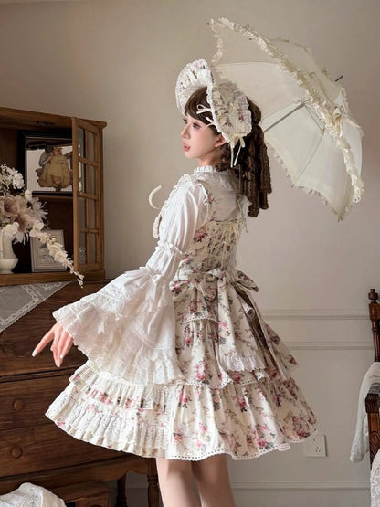 White Floral Cotton JSK Dress with Bow and Snowfall Theme