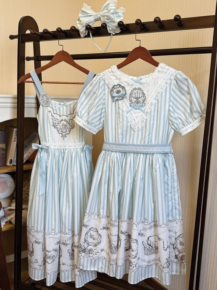 Antique Porcelain Print and Embroidery Classic Lolita JSK Dress with Blue and Gray Striped Pattern - Birds Diary