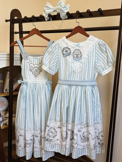 Antique Porcelain Print and Embroidery Classic Lolita JSK Dress with Blue and Gray Striped Pattern - Birds Diary