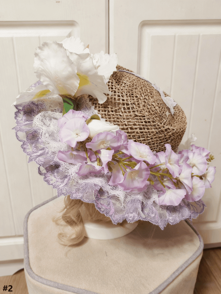 2 Lace Cluster Options Detail White-Purple Hat Straw Lolita Floral