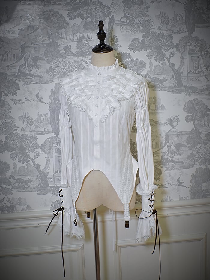 Sleeves Ruffle White Blouse Leg-of-Mutton Neckline