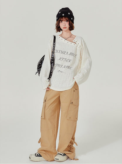 Retro Asymmetrical Neckline Design Apricot Long Sleeve T-Shirt - Girlyhalo