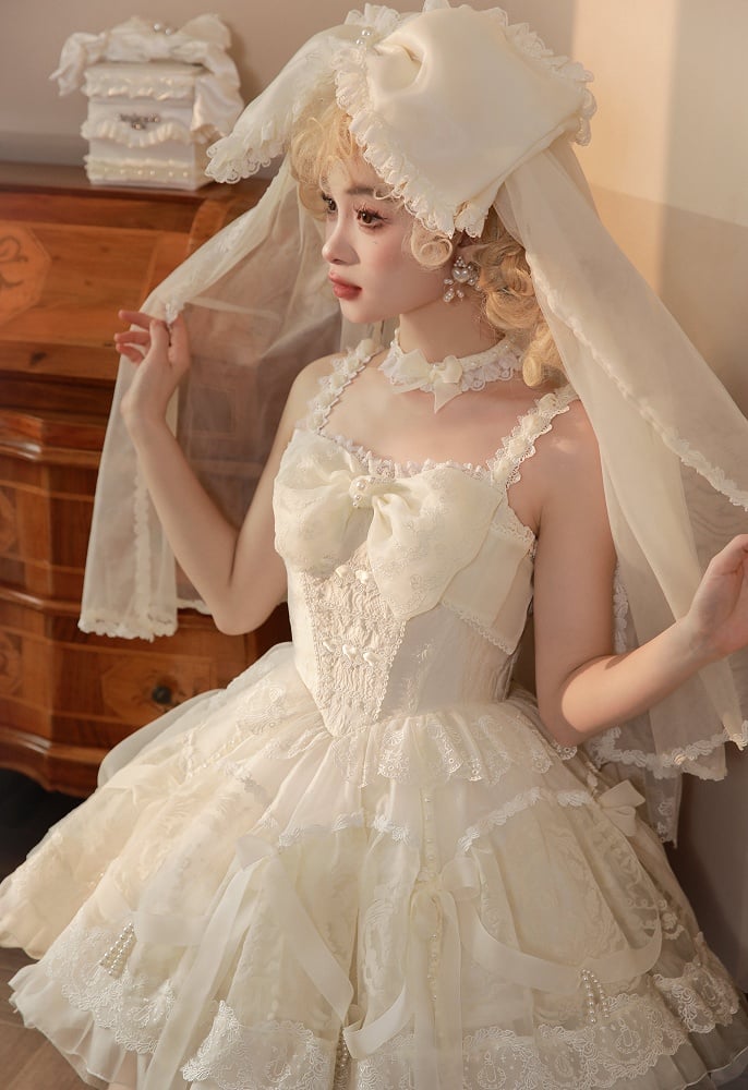 Kleid Prinzessin Lolita Weiß Taille auf und Band Schleifen Perlen Baskenrock Creme