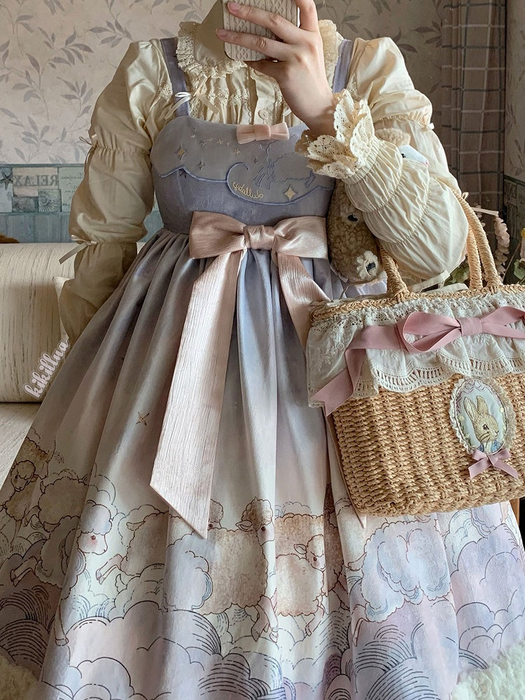 Dress Lolita with Cloud and JSK Purple Hem Sheep Print Sweet Plush