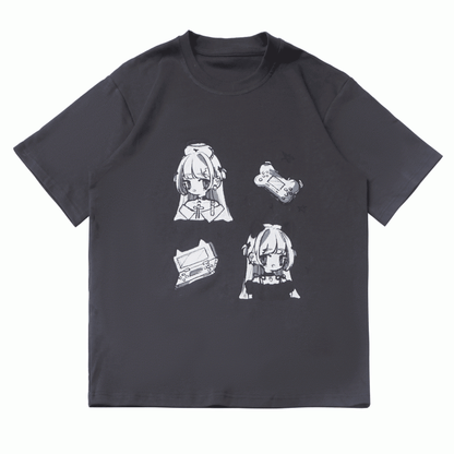 アニメガールプリント ホワイト/ダークTシャツ グレー ラウンドネック コットン