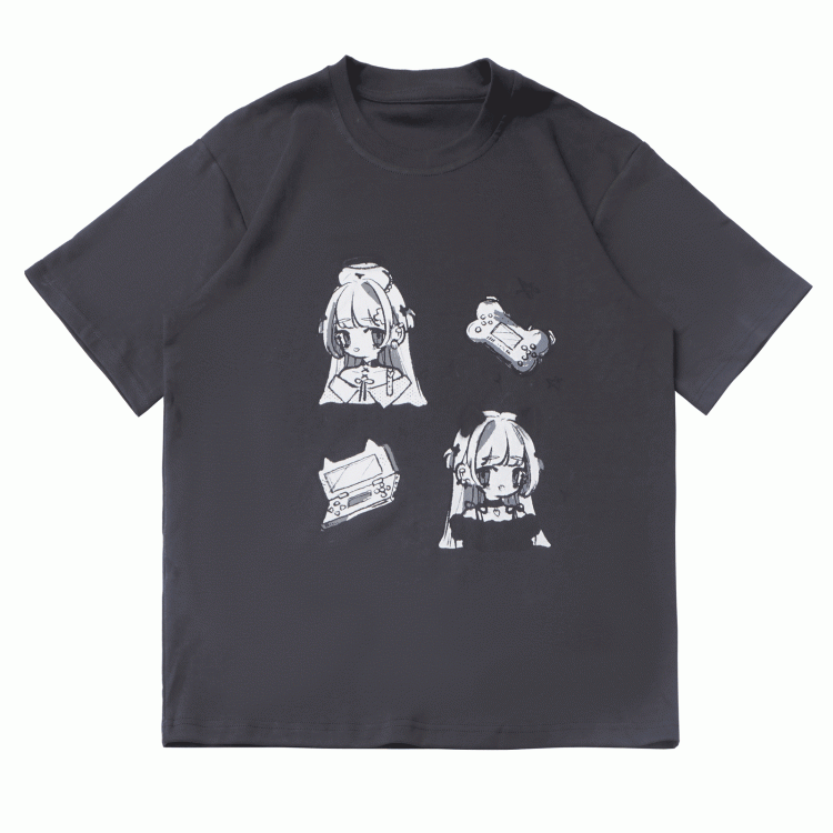 グレーTシャツ アニメガールプリント ホワイト/ダーク ラウンドネック コットン