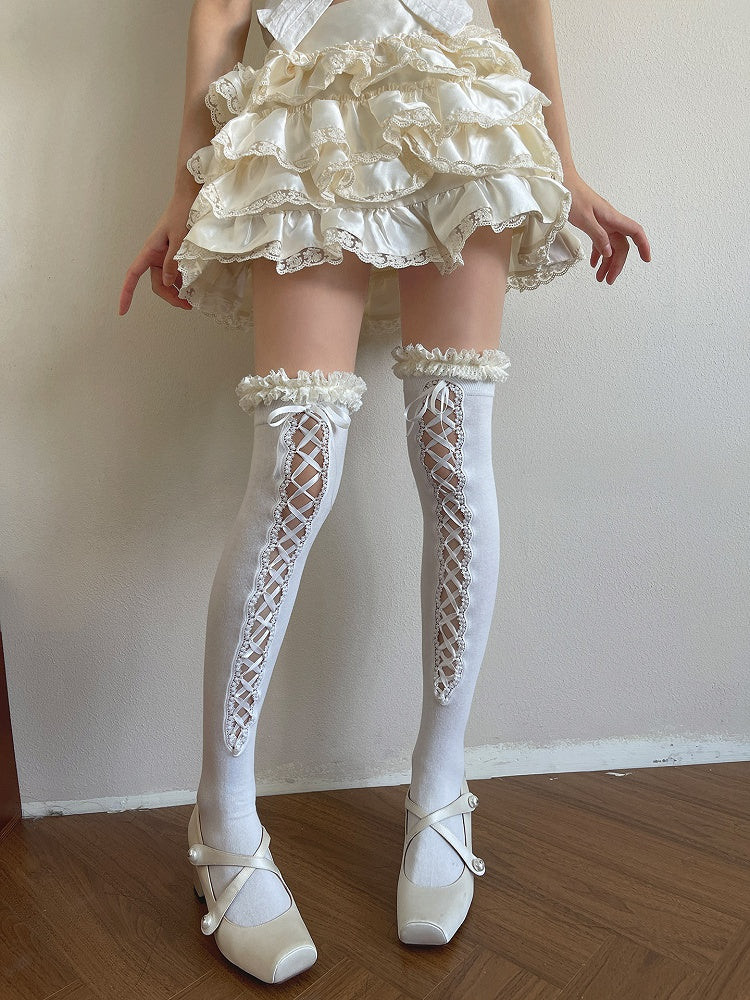 Cut-Out Ruffles White/Black Stockingswith Strappy Lolita