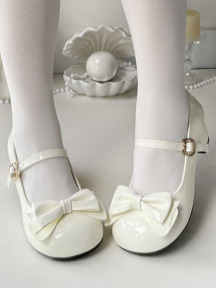 Bow Shoes with PU Buckle Heeled Leather Kitty 4.5cm Jane White Mary Playful - in