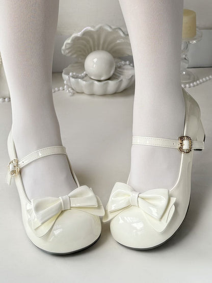 Bow Shoes with PU Buckle Heeled Leather Kitty 4.5cm Jane White Mary Playful - in