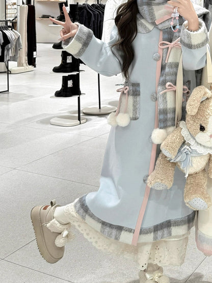 Winter Bow Sweet Blue Accents Pom-Pom Coat Set Scarf with + Lolita Plaid and