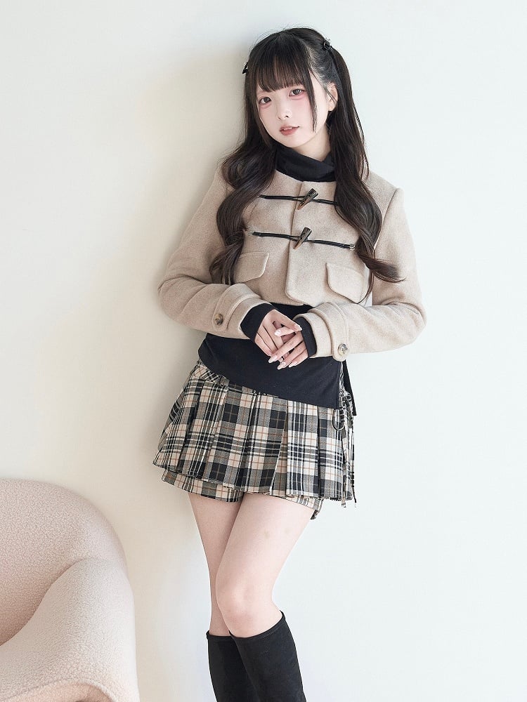 Coat Wool Kei Style Beige Blend Cropped Closures Pure Toggle Jirai with