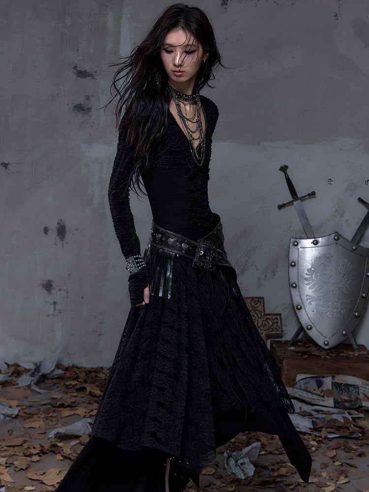 Black Dress Sleeve Knit with Waist Punk Hem Tiered Handkerchief Juliette Studded