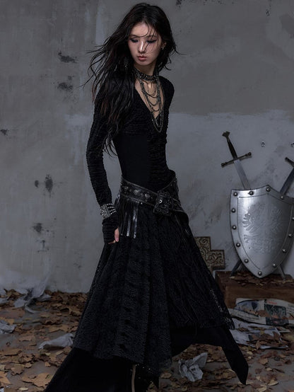 Black Dress Sleeve Knit with Waist Punk Hem Tiered Handkerchief Juliette Studded