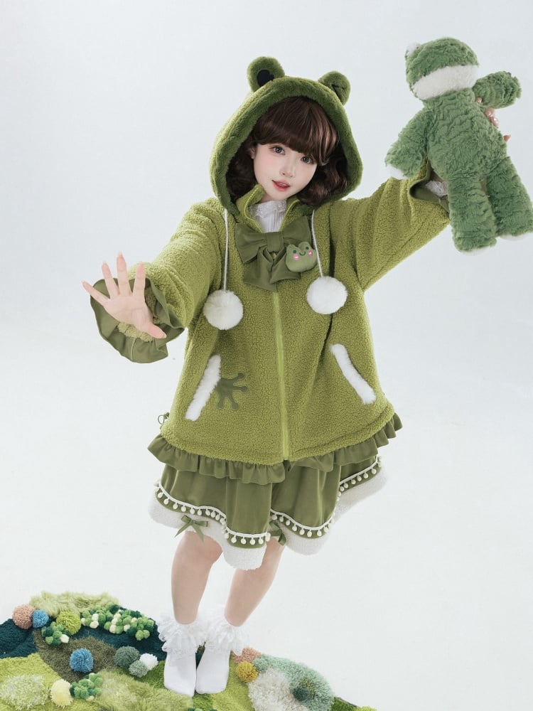 グリーンのハイネックリトルフロッグフード付きフリースコート