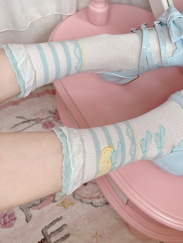 Blaue Rüschensocken Bowknot Print Lolita Lemon Trims Kalb süß