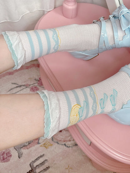 Blaue Rüschensocken Bowknot Print Lolita Lemon Trims Kalb süß