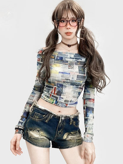 Sleeve Y2K Long Print Colorful Newspaper Top Glamorous Neckline Off-the-shoulder