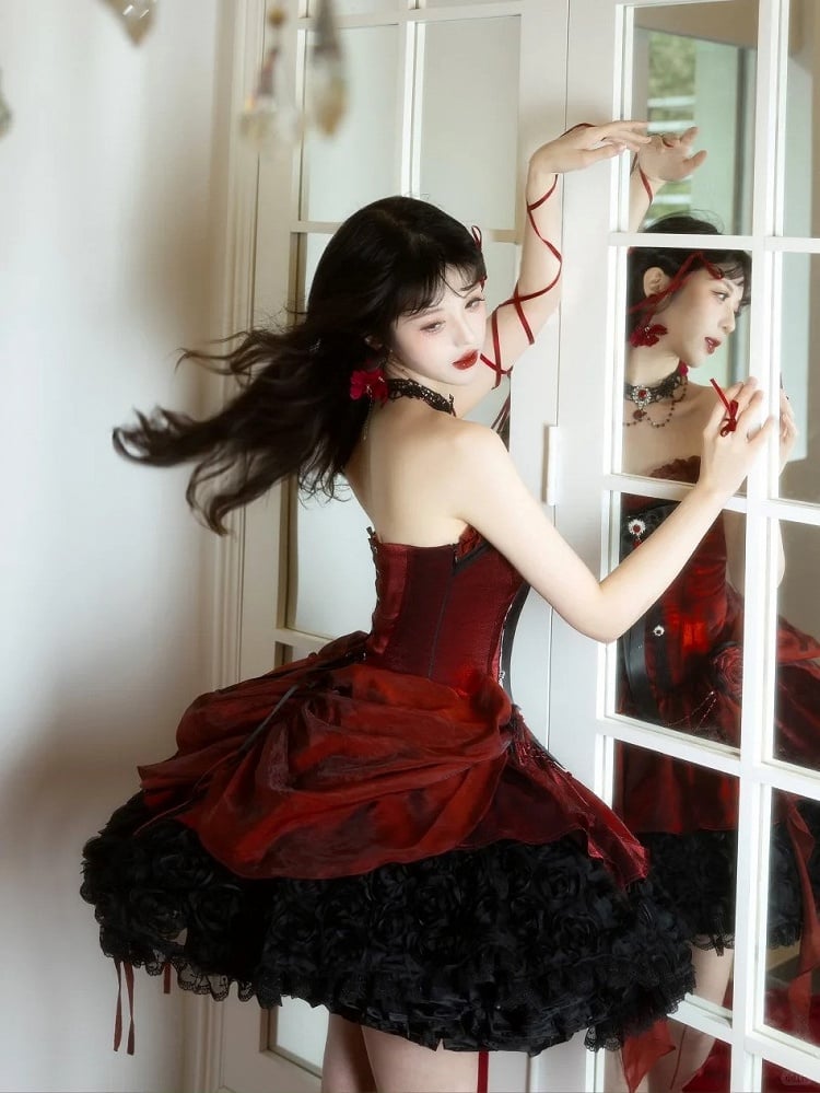 Lolita Bouquet Strapless Boned Red Gothic Hem with Black Rose Dress