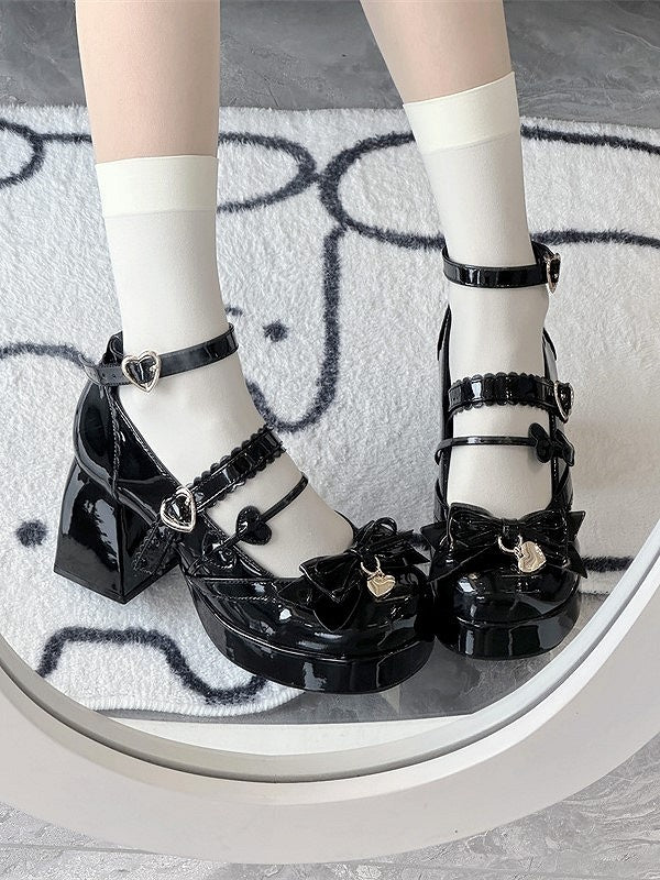 Bows Snap with Lolita Shoes Black Heart-Shaped Elegant High-heel